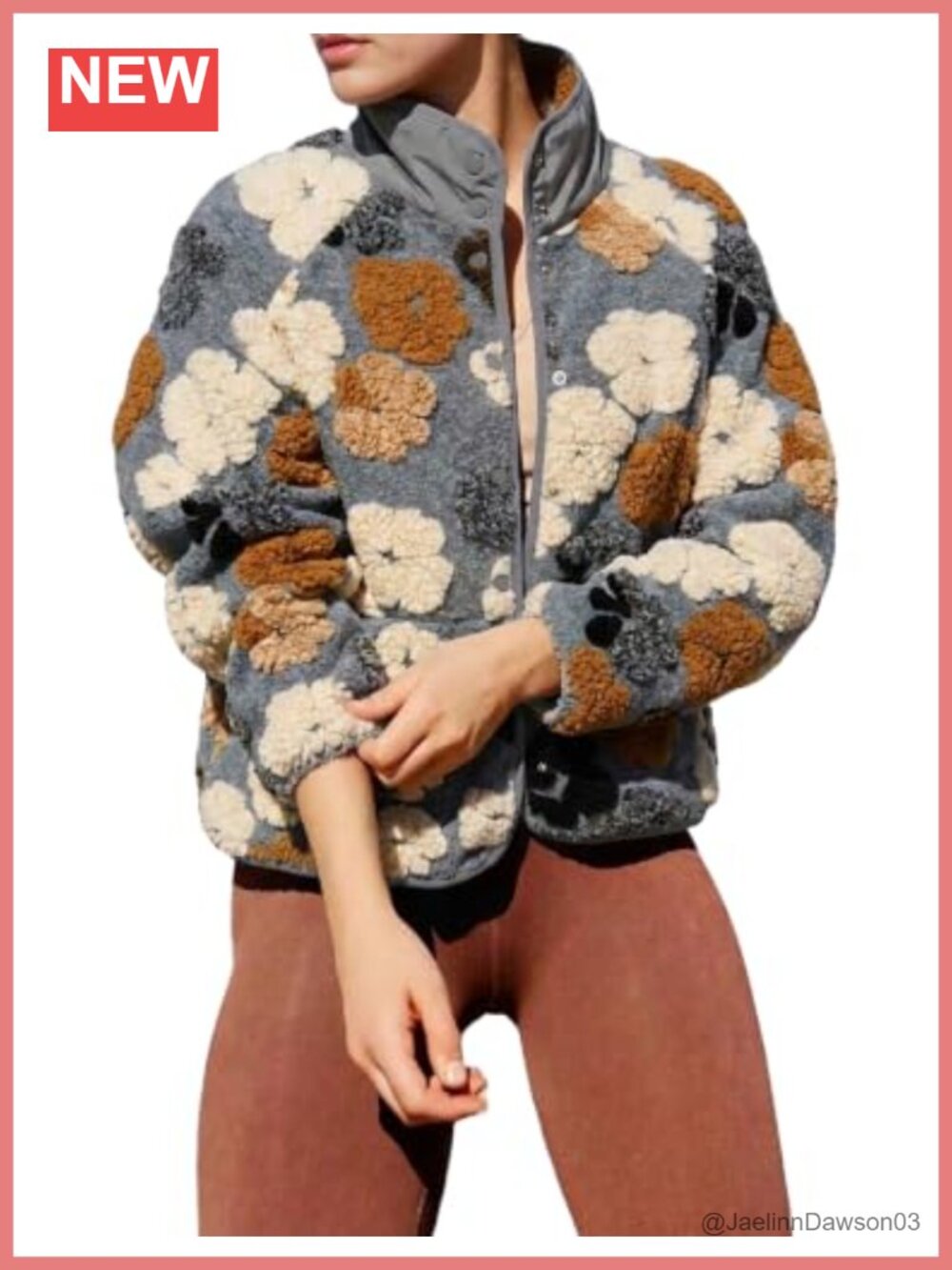Floral Fleece Jacket Warm Button Down Sherpa Coat for Fall